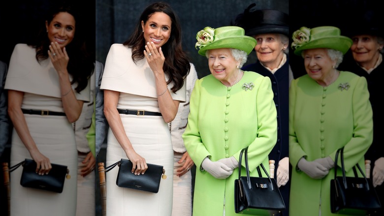 Smiling Meghan Markle wearing a tailored cream dress in her first official outing with Queen Elizabeth II in 2018.