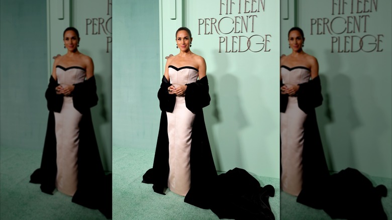 Meghan Markle in a strapless, oyster-colored gown by Harbison Studio and a black velvet shawl at the 2026 Fifteen Percent Pledge fundraising gala.