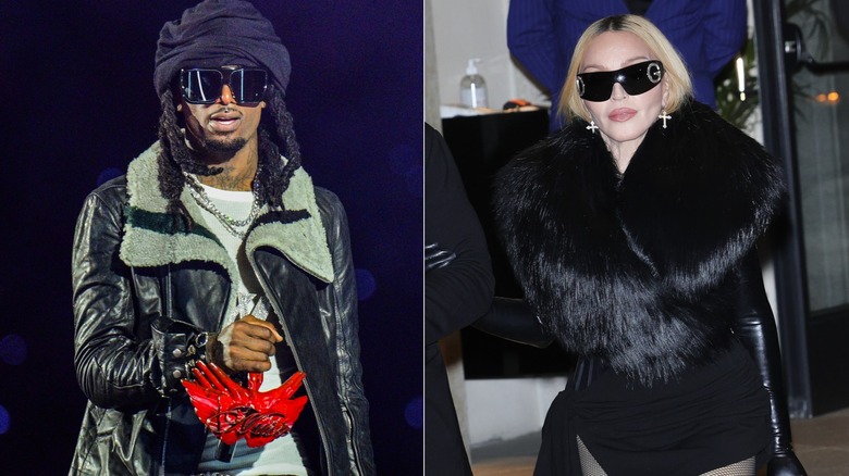 Side by side image of Playboi Carti performing onstage in 2025 and Madonna leaving a hotel in Milan in 2023, both wearing all black outfits