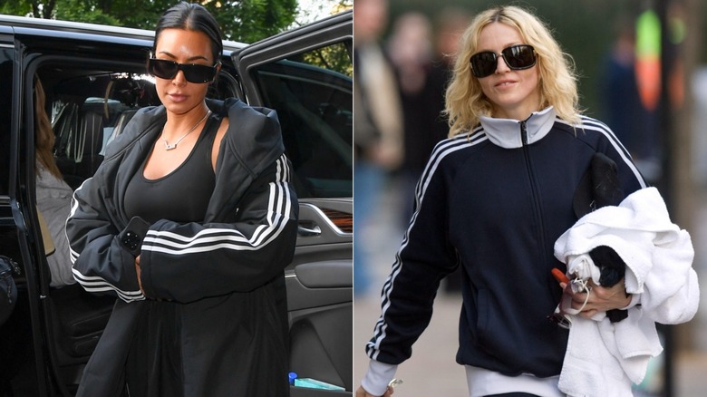 Side by side image of Kim Kardashian getting out of a taxi in 2023 and Madonna walking down a London street in 2008, both wearing an Adidas tracksuit