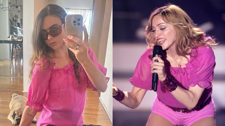 Side by side image of influencer Cierra O'Day taking a mirror selfie and Madonna performing onstage in 2005, both in a pink blouse