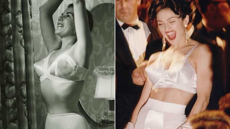 Split image of vintage model in cone bra and Madonna wearing cone bra
