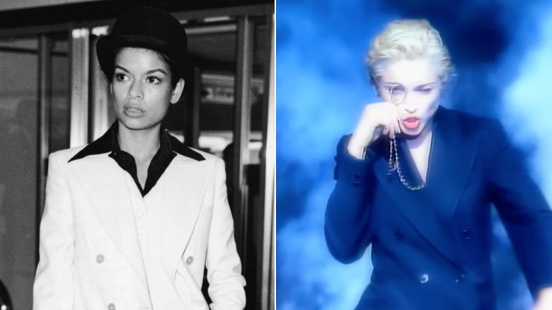 Split image of Bianca Jagger in pantsuit and Madonna's "Express Yourself" video
