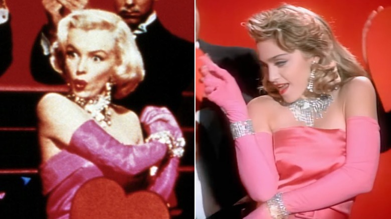 Split image of Marilyn Monroe, 1953/ Madonna music video, 1984