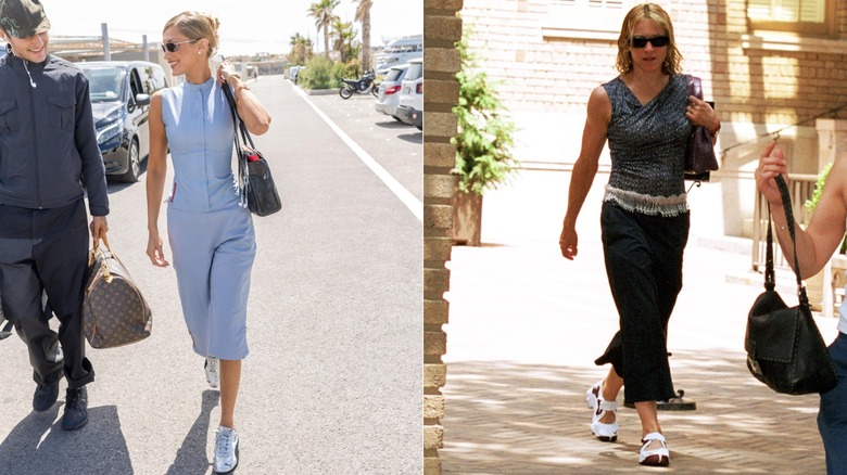 Side by side image of Bella Hadid in Cannes in 2026 and Madonna walking through New York in 2001, both wearing capris and sneakers