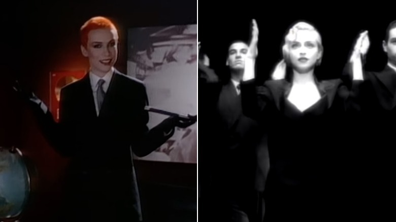 Split image of Annie Lennox in a music video and Madonna's Vogue music video