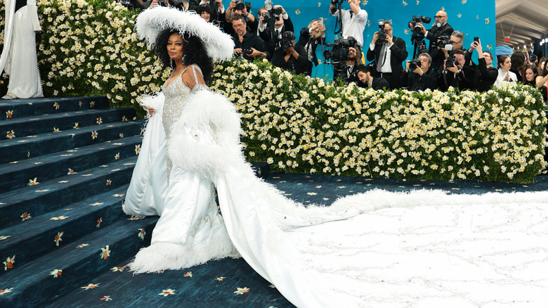 Diana Ross wearing a dress with a long trail at the 2025 Met Gala