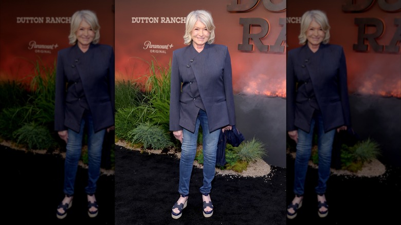Martha Stewart wearing a dark blue blazer with jeans and espadrilles