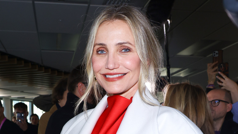 Cameron Diaz posing at Paris Fashion Week in 2025