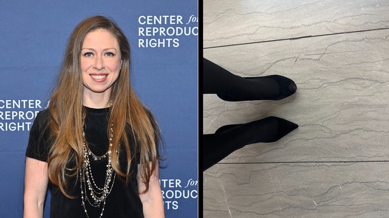Split image of Chelsea Clinton posing at an event and Chelsea Clinton's mismatched shoes