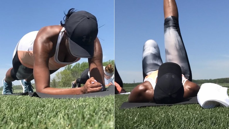 Split image of Michelle Obama showing off her biceps while working out