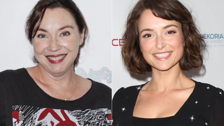 Split image of Stephanie Courtney and Milana Vayntrub smiling