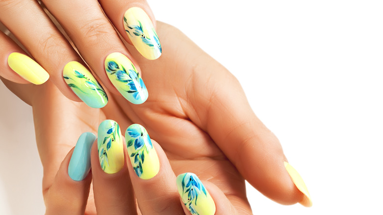 Blue and yellow floral nails