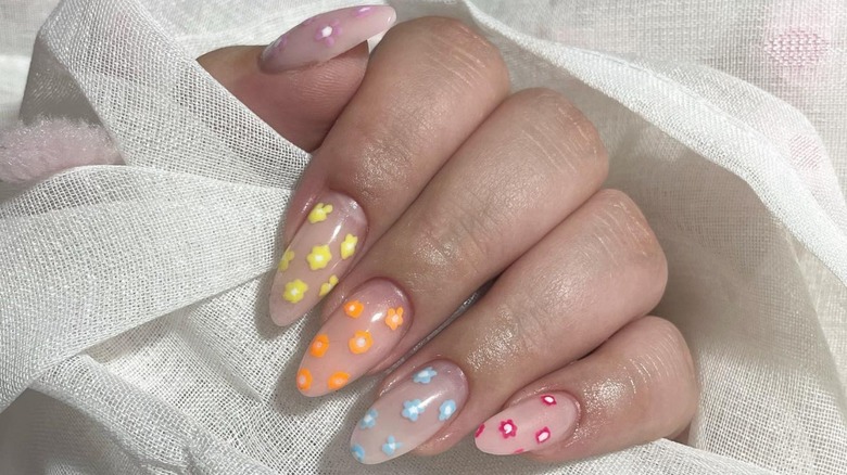 manicure with rainbow floral art