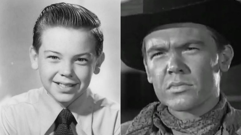 Split image of Bobby Driscoll in black and white as a child and as an adult