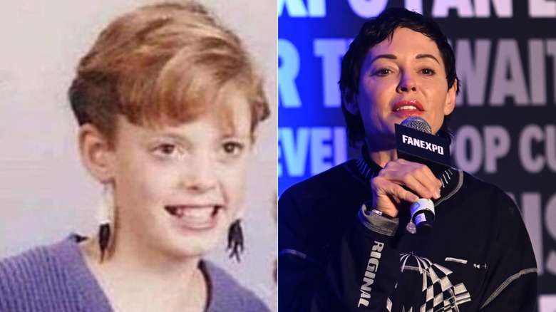Split of Rose McGowan with short hair as a child model and as an adult at a convention