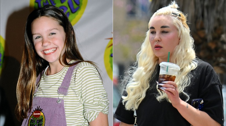Amanda Bynes (L) smiling on the red carpet as young girl and photographed by paps as an adult (R) while holding a drink.