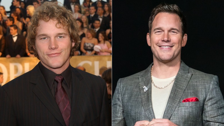 Younger Chris Pratt (L) in a suit and tie and older version (R) smiling at camera