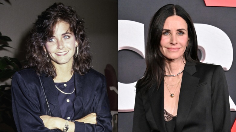 Courteney Cox (L) posing on the red carpet in the '80s and again in 2026 (R).