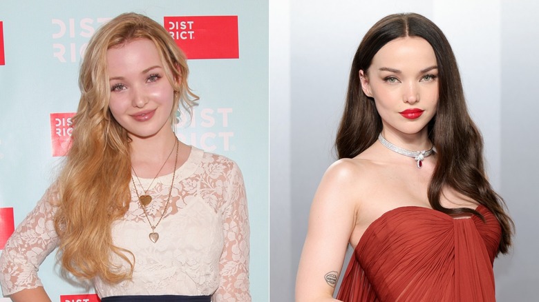 Young Dove Cameron (L) sporting blonde hair and older Dove Cameron (R) with dark-hair on red carpet.