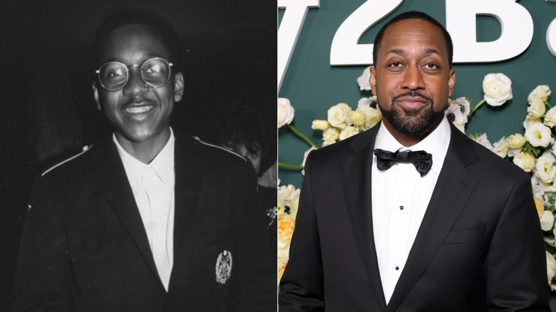 Jaleel White in a black-and-white- photo as a teen (L) and in a tux as an adult on the red carpet (R).