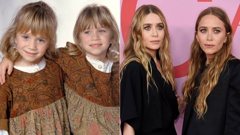 Mary-Kate & Ashley Olsen standing hip-to-hip as kids (L) and as adults (R) on red carpet