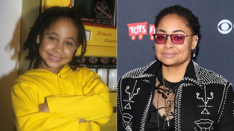 Raven-Symoné as a child in a yellow top and as an adult wearing a jacket and glasses on the red carpet.