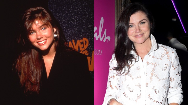 Tiffani Thiessen (L) in her younger years and now (R) with dark hair.