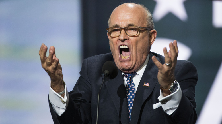 Rudy Giuliani delivers a speech on the first day of the Republican National Convention on July 18, 2016 at the Quicken Loans Arena in Cleveland, Ohio.