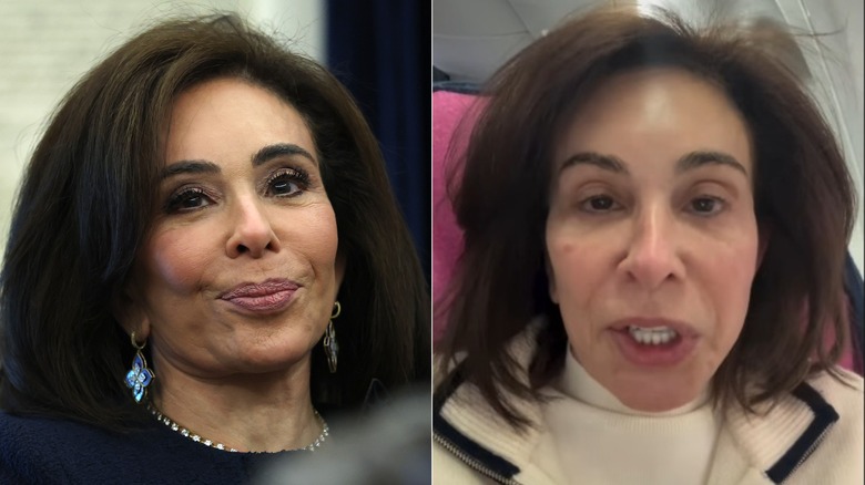split screen of Judge Jeanine Pirro with pursed lips and talking