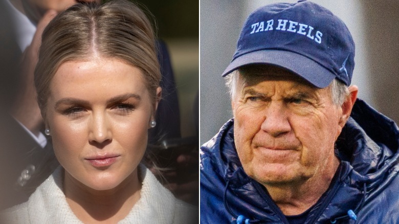 Split-image of (L) Karoline Leavitt squinting in the sunlight (R) Bill Belichick wearing a Tar Heels hat and looking off to the side
