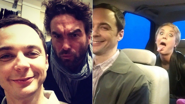 Split image of Johnny Galecki frowning behind Jim Parsons, Kaley Cuoco sticking her tongue out in a car behind Jim Parsons.