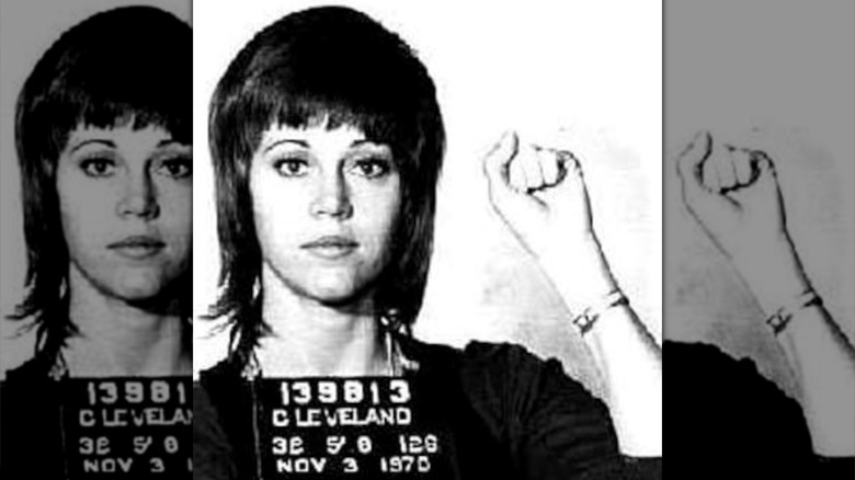 A black and white image of Jane Fonda's police mug shot from 1970