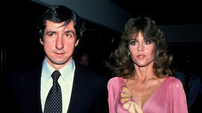 Jane Fonda and her second husband Tom Hayden stand side-by-side