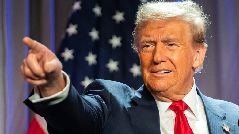 Donald Trump pointing a finger at someone in the crowd