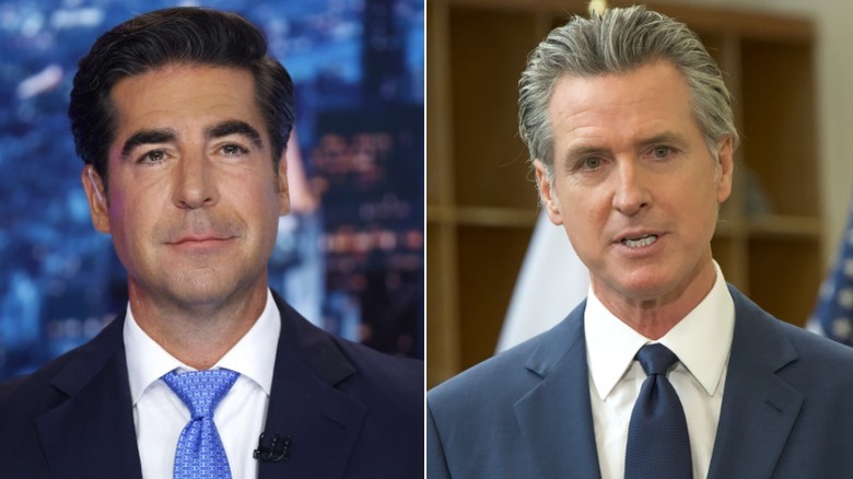 A split image of Gavin Newsom and Jesse Watters talking