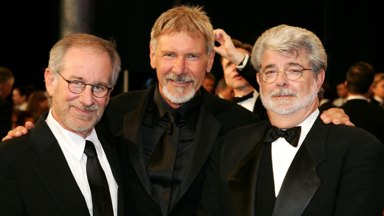 Director Steven Spielberg, actor Harrison Ford and director George Lucas pose during the 34th AFI Life Achievement Award tribute to Sir Sean Connery held at the Kodak Theatre on June 8, 2006 in Hollywood, California.