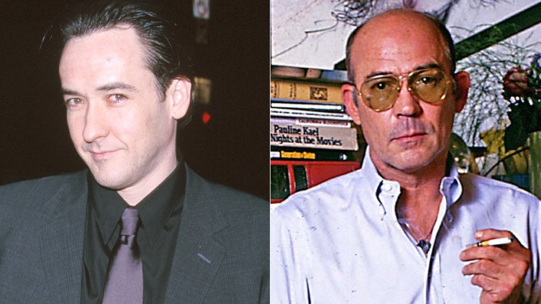A split image of John Cusack and Hunter S. Thompson.