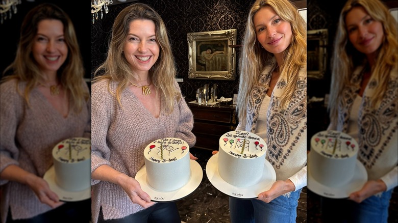 Gisele Bündchen posing with twin sister Patricia Bündchen with cakes