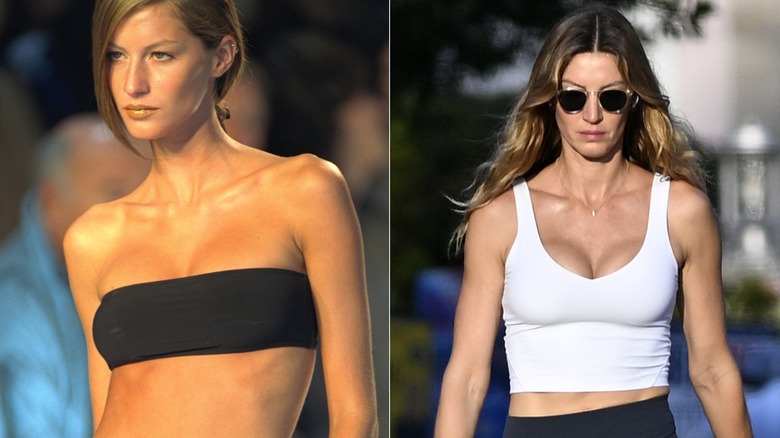 Gisele Bündchen in a black tube top on the runway and white tank top