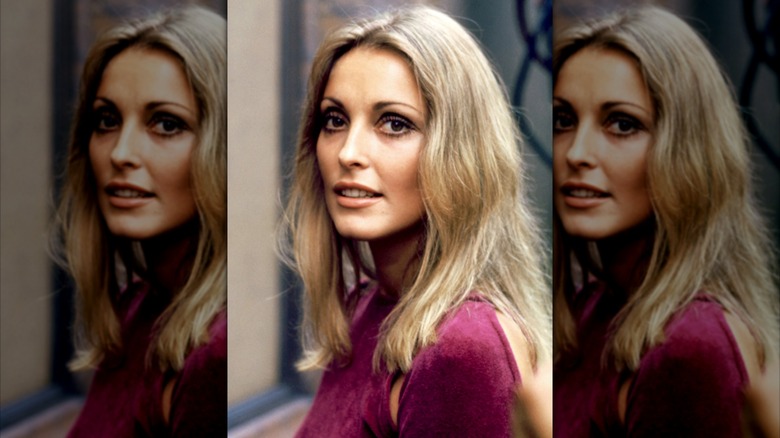 Sharon Tate in a purple sweater smiling at the camera