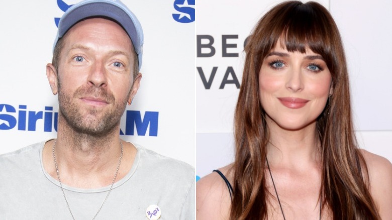 A split image of Dakota Johnson and Chris Martin