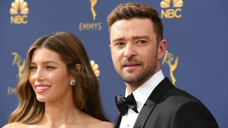 Jessica Biel and Justin Timberlake posing together at the Emmys