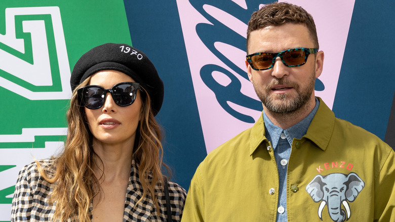 Jessica Biel and Justin Timberlake posing together in sunglasses