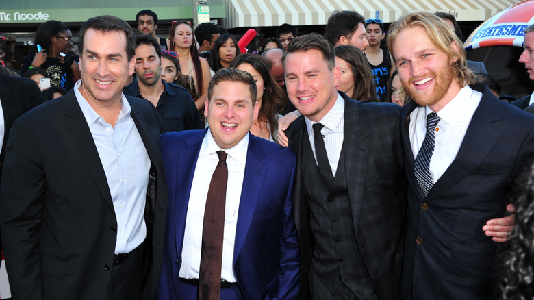 Left to right: actors Rob Riggle, Jonah Hill, Channing Tatum, and Wyatt Russell at the "22 Jump Street" premiere in 2014