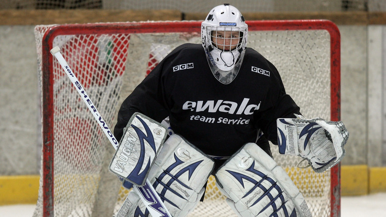 Wyatt Russell playing ice hockey (guarding the goal) in 2009