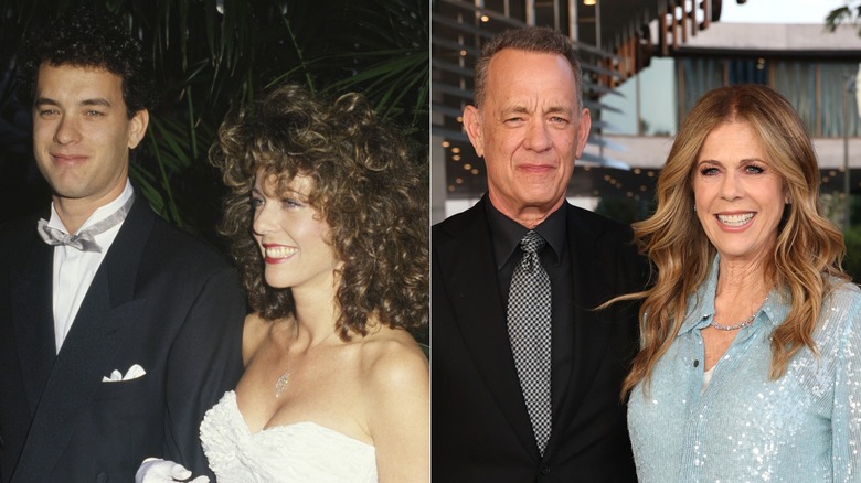 Tom Hanks and Rita Wilson at the 59th Academy Awards in 1987/Tom Hanks and Rita Wilson photographed in April 2026 attending LACMA's David Geffen Galleries opening gala