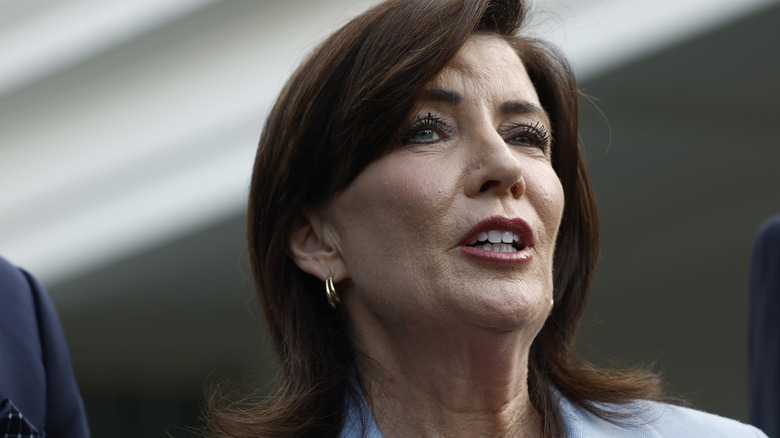 Close up from a low angle of Kathy Hochul