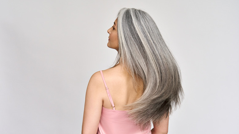 Woman with long silver hair