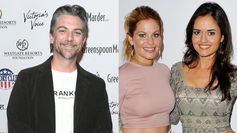 Split image of Jeremy Miller smiling in a black jacket vs. Candace Cameron Bure and Danica McKellar posing together